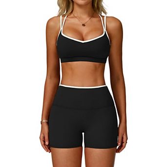 Women Workout Set Strappy Sports Bra High Waist Shorts