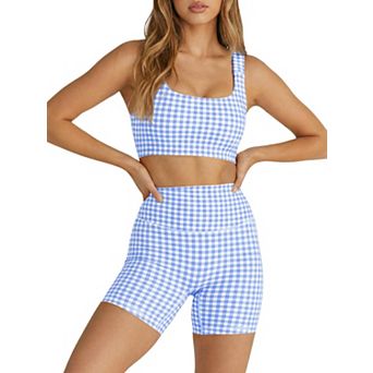Women Workout Gingham Padded Crop Tank Shorts Set