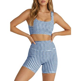 Women Workout Gingham Padded Crop Tank Shorts Set