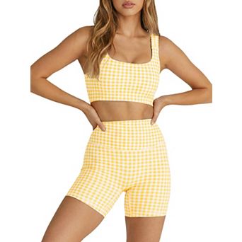 Women Workout Gingham Padded Crop Tank Shorts Set