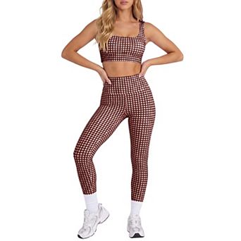Womens Gingham Workout Crop Tank Shorts Set
