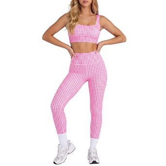 Womens Gingham Workout Crop Tank Shorts Set