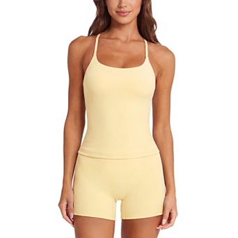 Women Workout Set Padded Tank Top Biker Shorts Pockets