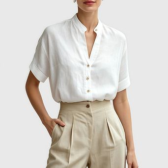 Button Down Shirts for Women Casual Work Short Sleeve Collared V Neck Blouses