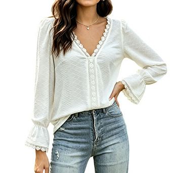 Women's Boho Lace Trim V Neck Puff Long Sleeve Top Jacquard Textured Loose Casual Daily Blouse