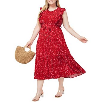 Plus Size Women Polka Dot Midi Dress Sleeveless Ruffle Round Neck Tie Waist A-Line Long Dress