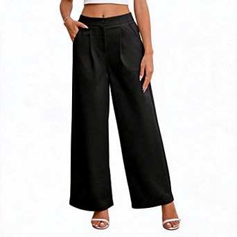 Pants for Women Dressy Casual Pleated Office Outfits Wide Leg Elastic Waist Trousers with Pockets