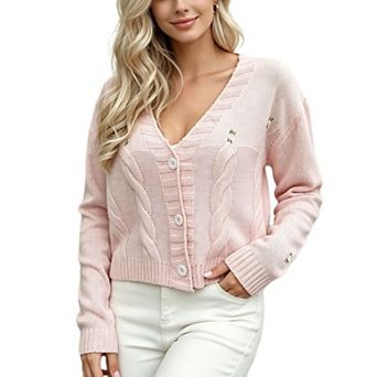 Women's Cable Knit Floral Embroidered Cardigan V Neck Button Down Long Sleeve Cropped Knit Sweater