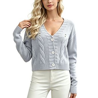 Women's Cable Knit Floral Embroidered Cardigan V Neck Button Down Long Sleeve Cropped Knit Sweater