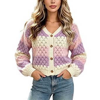 Women's Color Block V Neck Long Sleeve Knit Cardigan Sweater Coat