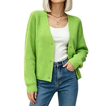 Women's V Neck Button Knit Cardigan Long Sleeve Casual Dressy Knit Sweater Coat