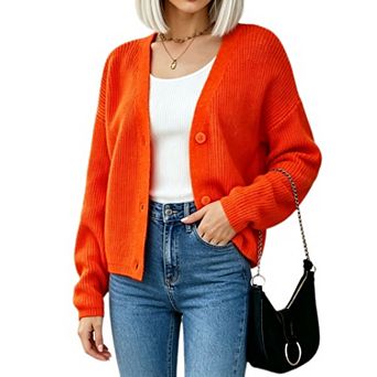 Women's V Neck Button Knit Cardigan Long Sleeve Casual Dressy Knit Sweater Coat