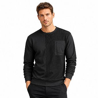 Mens Patchwork Crew Neck Sweatshirt Chest Pocket Loose Casual Pullover Tops