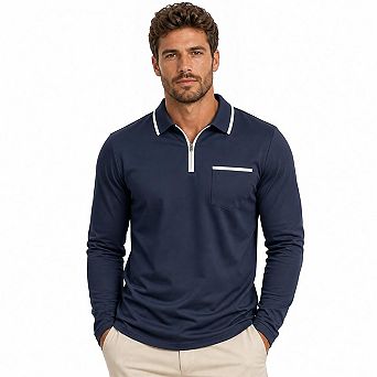 Mens Quarter Zip Long Sleeve Polo Shirt Chest Pocket Contrast Trim Casual Tops
