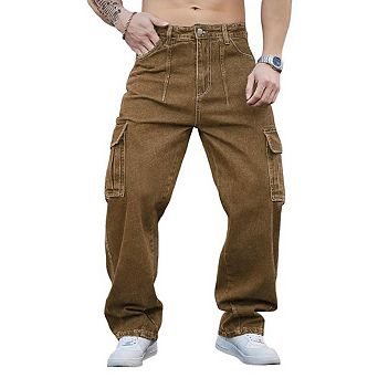 Mens Cargo Wide Leg Jeans Multi Pockets Loose Fit Casual Denim Pants