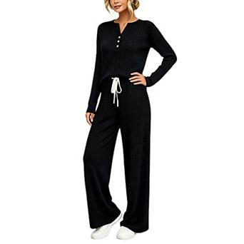Women's Ribbed Knit Two Piece Outfit Henley Long Sleeve Top Wide Leg Pants Loungewear Set