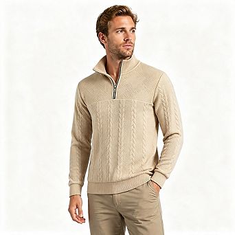 Men Cable Knit Jacquard Quarter Zip Pullover Stand Collar Textured Sweatshirt