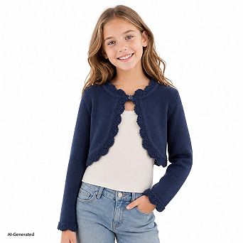 Girls Shrug Cardigan Lace Trim Cropped Bolero Long Sleeve Dress Cover Up