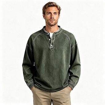 Men Washed Henley Long Sleeve Shirts Raglan Casual Vintage Pullover Tops