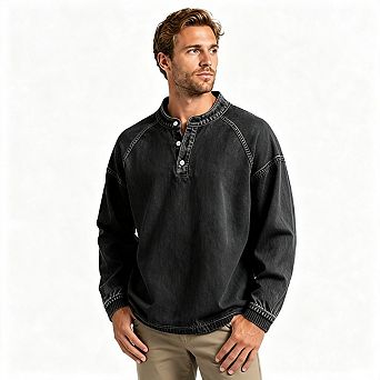 Men Washed Henley Long Sleeve Shirts Raglan Casual Vintage Pullover Tops