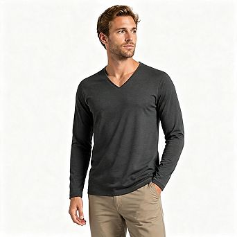 Men V Neck Long Sleeve Casual Shirts Slim Fit Basic Layering Tops Daily Street Wear For Men
