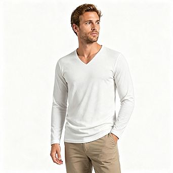 Men V Neck Long Sleeve Casual Shirts Slim Fit Basic Layering Tops Daily Street Wear For Men