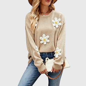 Women's 3D Floral Appliques Sweaters Crewneck Drop Shoulder Long Sleeve Fall Winter Pullovers