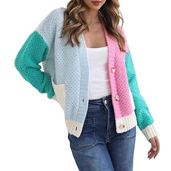 Women's Long Sleeve Color Block Open Front Button Chunky Cable Knitted Oversized Sweater Cardigans