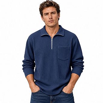 Mens Quarter Zip Collared Pullover Shirt Long Sleeve Pocket Casual Top