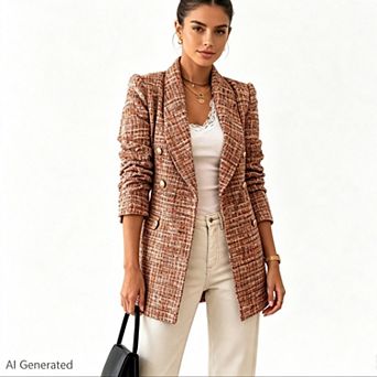 Women Tweed Double Breasted Blazer Lapel Textured Elegant Office Casual Suit Jacket
