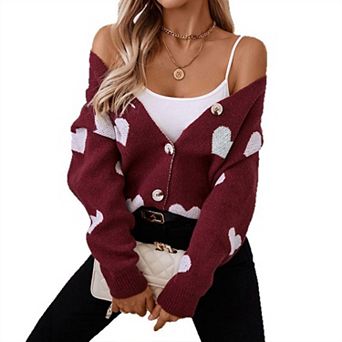 Women Heart Cardigan Sweater Long Sleeve Button Down Open Front Knit Crew Neck Casual Outerwear