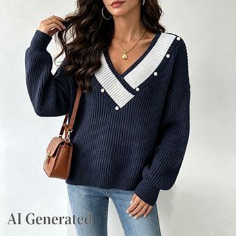 Womens Color-Blocked V-Neck Loose Sweater with Faux Pearl Studs Fall Fashion Outfits