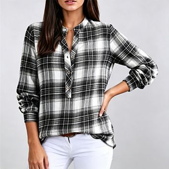 Womens Plaid Henley Shirts Casual V Neck Long Sleeve Button Down Office Blouse