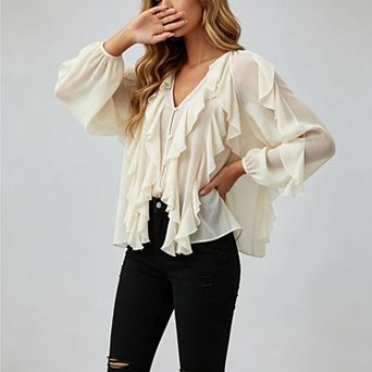 Womens Ruffle Chiffon Blouse Trendy Semi Sheer v Neck Top Long Sleeve Button Down Shirts