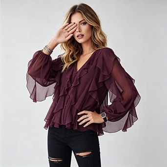 Womens Ruffle Chiffon Blouse Trendy Semi Sheer v Neck Top Long Sleeve Button Down Shirts