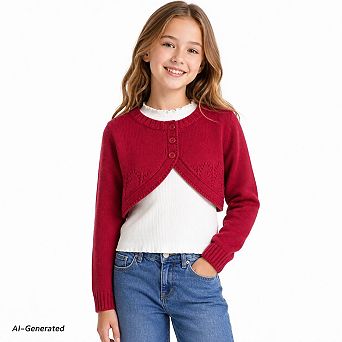 Girls Shrug Cardigan Eyelet Cropped Knit Bolero Long Sleeve Cover Up For Dresses