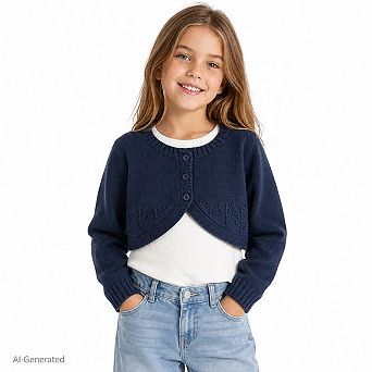 Girls Shrug Cardigan Eyelet Cropped Knit Bolero Long Sleeve Cover Up For Dresses