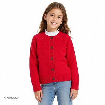 Girls Knit Cardigan Pom Pom Textured Long Sleeve Button Down Casual Sweater Jacket