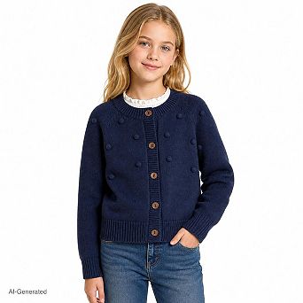 Girls Knit Cardigan Pom Pom Textured Long Sleeve Button Down Casual Sweater Jacket