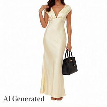 Womens Summer Satin Maxi Dress Deep V Neck Cap Sleeve Backless Long Formal Dress