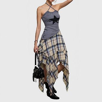 Women's Plaid Gothic Skirt Asymmetrical Hem Punk Flowy Midi Skater Skirt