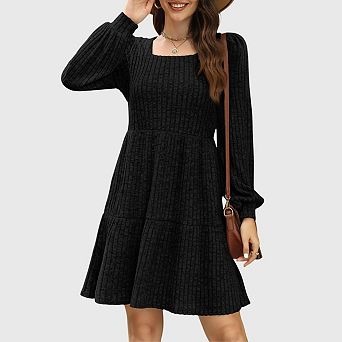 Womens Sweater Dress Fall Casual Long Sleeve Square Neck a Line Ribbed Babydoll Dress