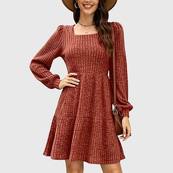 Womens Sweater Dress Fall Casual Long Sleeve Square Neck a Line Ribbed Babydoll Dress