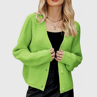 Women's Cropped Cardigan Sweater Long Sleeve V Neck Button Down Open Front Fall Spring Jacket