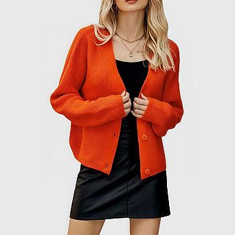 Women's Cropped Cardigan Sweater Long Sleeve V Neck Button Down Open Front Fall Spring Jacket