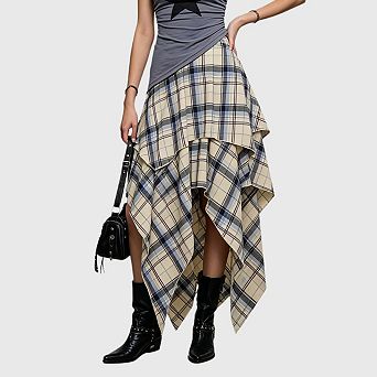 Women's Gothic Plaid Skirt Asymmetrical Punk Flowy Midi Skater Skirt