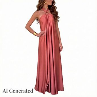 Womens Stain Pleated Maxi Dress Halter Neck Spaghetti Strap Backless Flared Dress