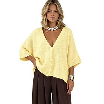 Womens Casual Oversized Cardigans Short Sleeve Button Up Sweater V Neck Knit CardigansOuterwear