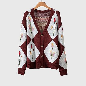 Women's Floral Boho Cardigan Oversized Drop Shoulder Button Front Chunky Knit Sweater
