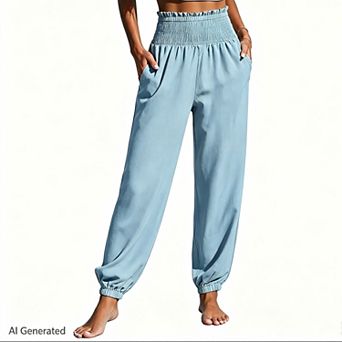 Women Smocked High Waist Harem Pants Side Pockets Elastic Ankle Casual Jogger Trousers Baggy Pants